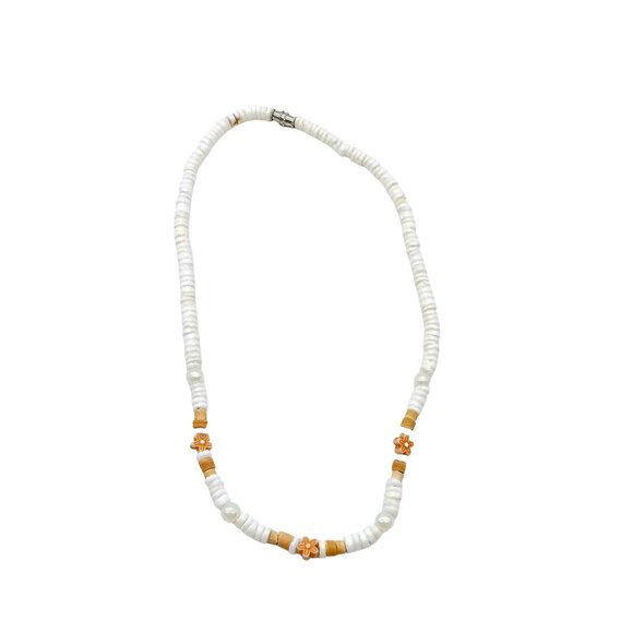 Retro Seashell Heishi Choker with Sweet Floral and Pearl Accent Beads, Vintage - Picture 2 of 3